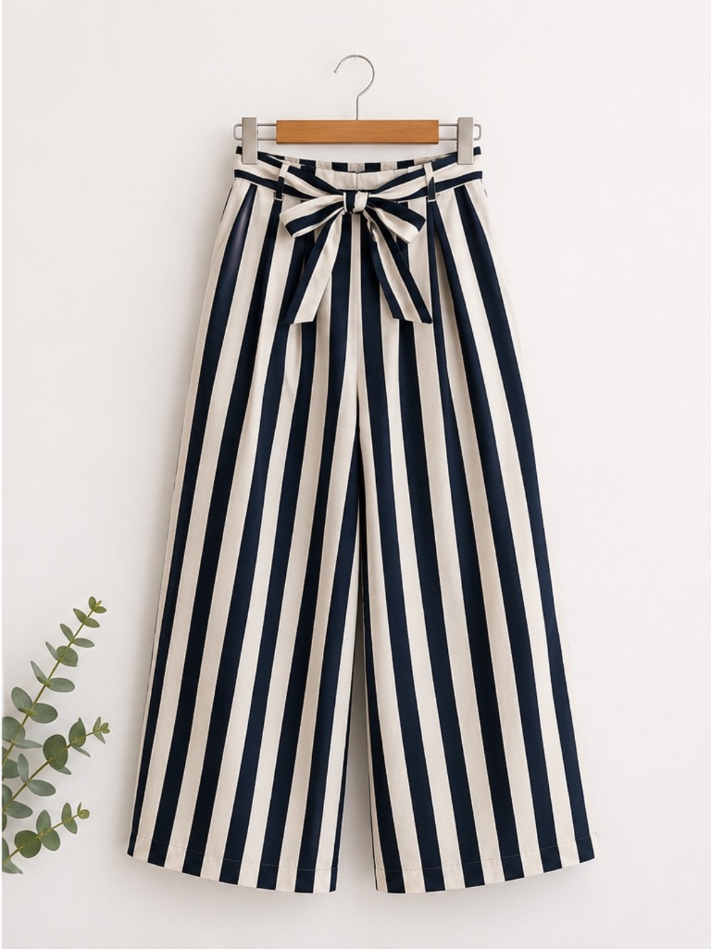 Striped Tie-Waist Palazzo Pants Navy & Cream